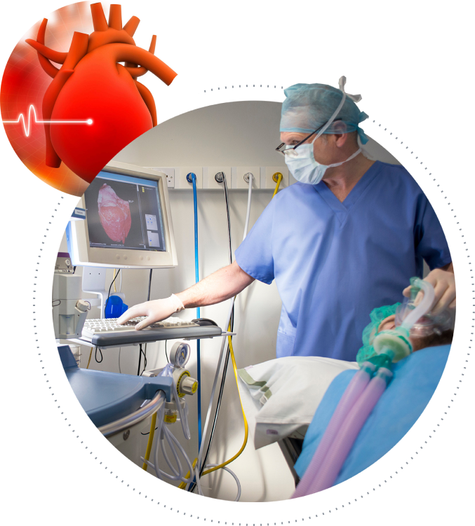 Cardiologist in surgical scrubs and mask monitoring a patient's heart scan on a computer screen, with an illustration of a heart and ECG line overlaid in the corner